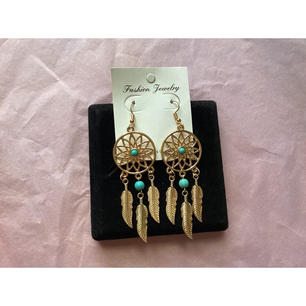 4106 NIP Vintage Dream Catcher Drop Earrings Feathers Dangle Turquoise Tribal